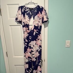 Lulu's Blue and Pink Flutter Sleeve Maxi Dress